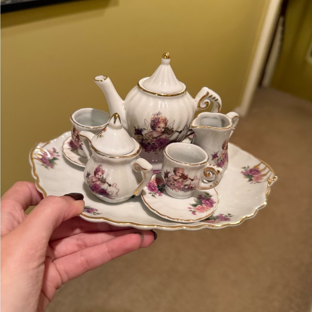 Floral Miniature Tea Set with Gold Accents